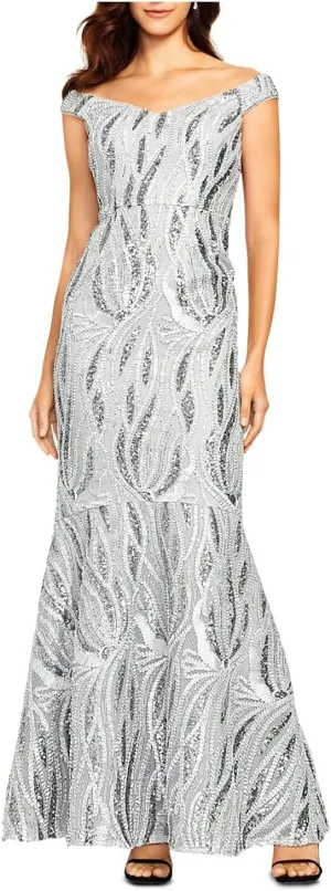 Aidan Mattox Womens Sequined Embroidered Trumpet Gown Sleeveless Off Shoulder Maxi Formal Dress