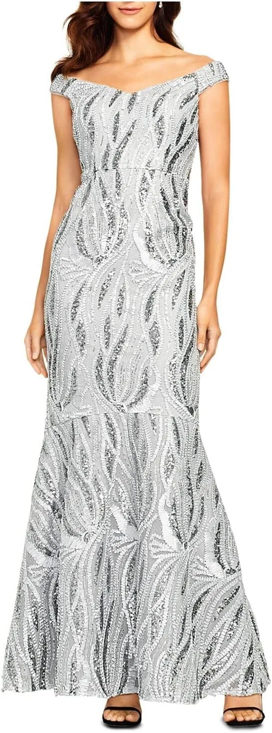 Aidan Mattox Womens Sequined Embroidered Trumpet Gown Sleeveless Off Shoulder Maxi Formal Dress