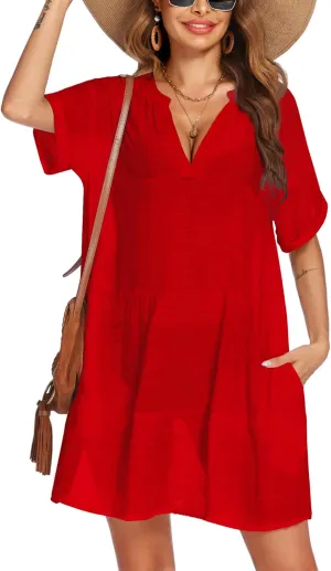 AI'MAGE Women's Swimsuit Coverups Bikini Beach Swimwear Cover Up A-line Bathing Suit Cover Up Dress with Pockets