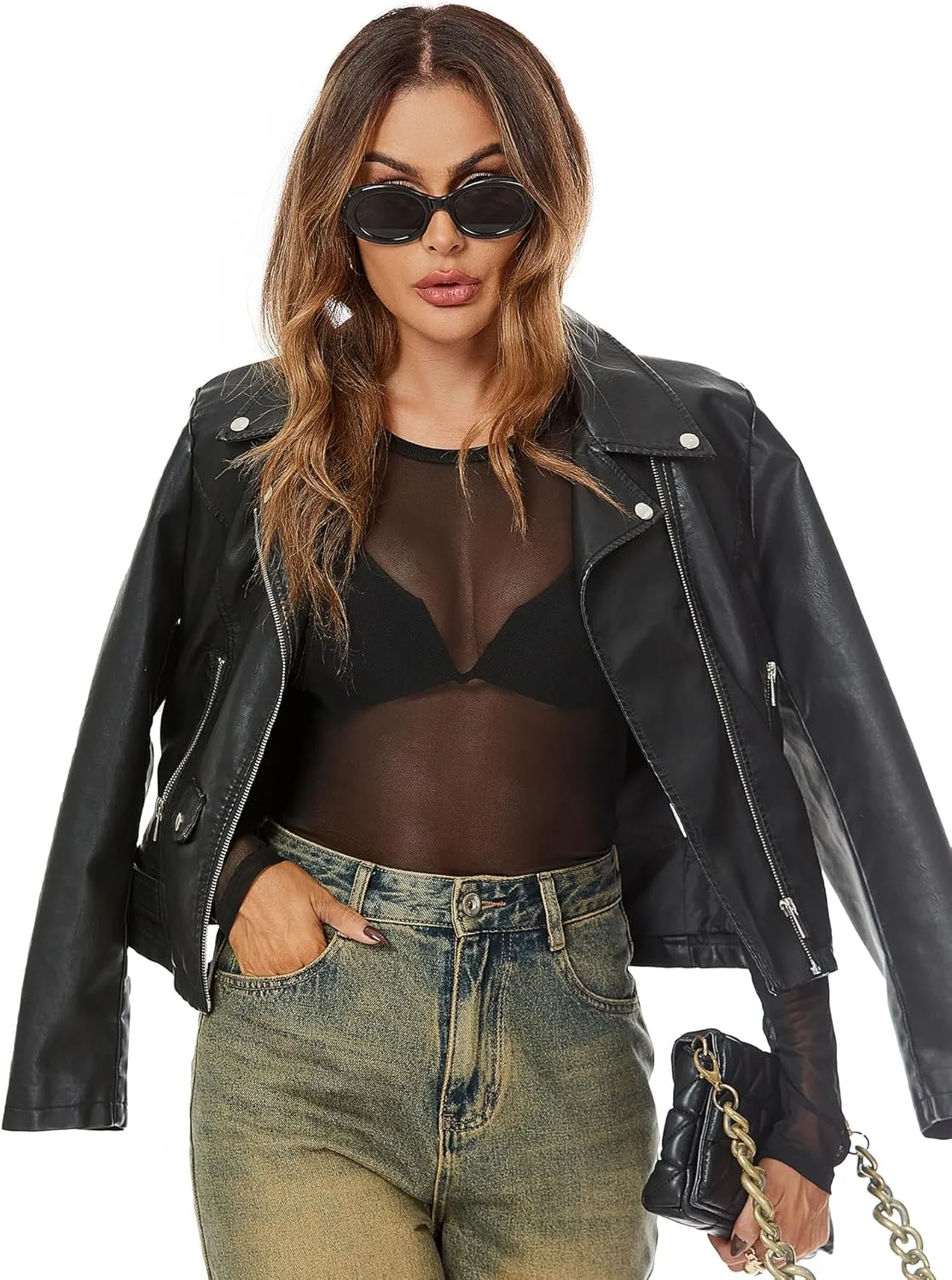 AKEWEI Womens Mesh Long Sleeve Tops Crew Neck Sexy See Through Tee Shirts Party Club Night Lace Blouse