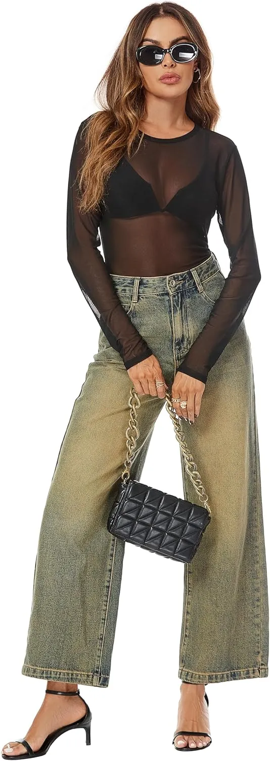 AKEWEI Womens Mesh Long Sleeve Tops Crew Neck Sexy See Through Tee Shirts Party Club Night Lace Blouse