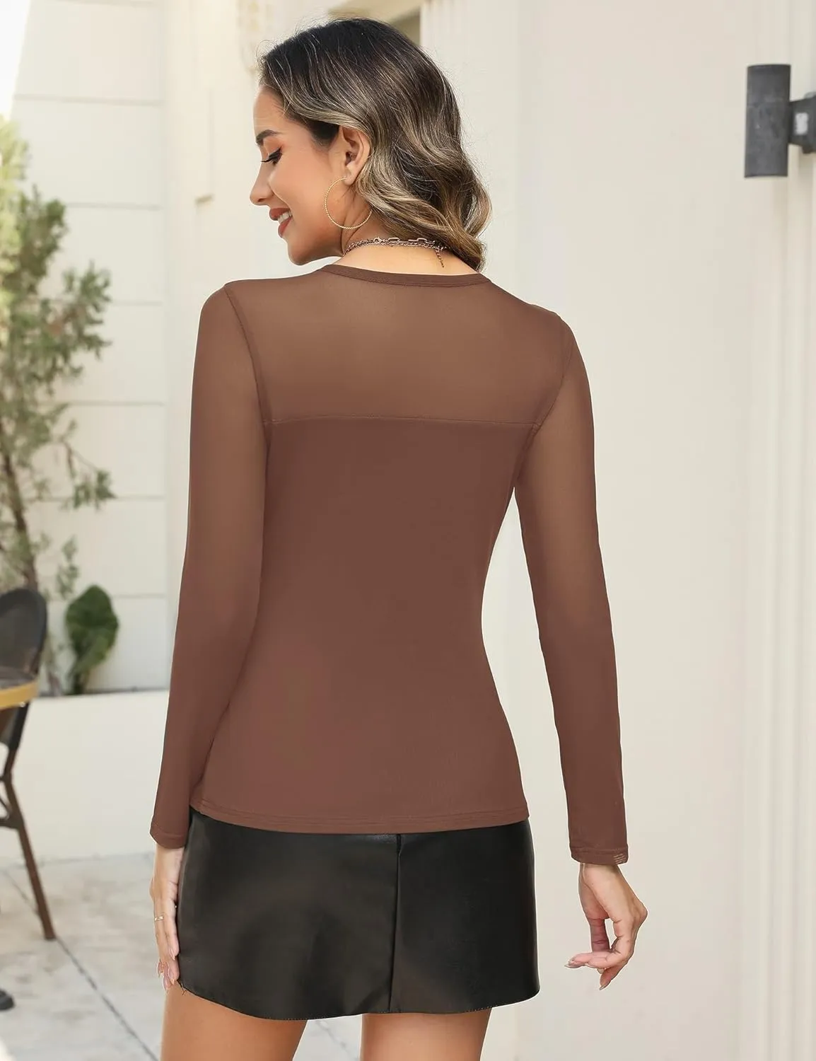 AKEWEI Womens Sexy Sheer Mesh Long Sleeve Tops Crew Neck Double Layered Tee Shirts Going Out Party Club Night Lace Blouse