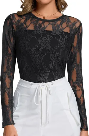 AKEWEI Womens Sexy Sheer Mesh Long Sleeve Tops Crew Neck Double Layered Tee Shirts Going Out Party Club Night Lace Blouse