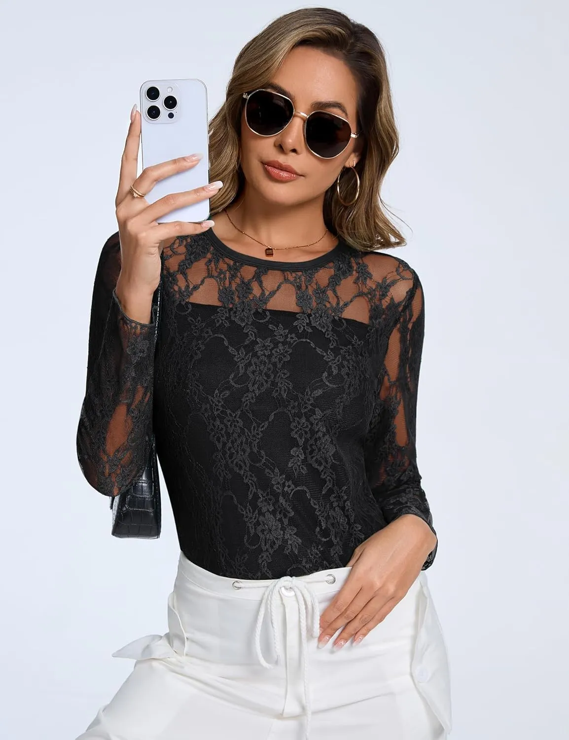 AKEWEI Womens Sexy Sheer Mesh Long Sleeve Tops Crew Neck Double Layered Tee Shirts Going Out Party Club Night Lace Blouse