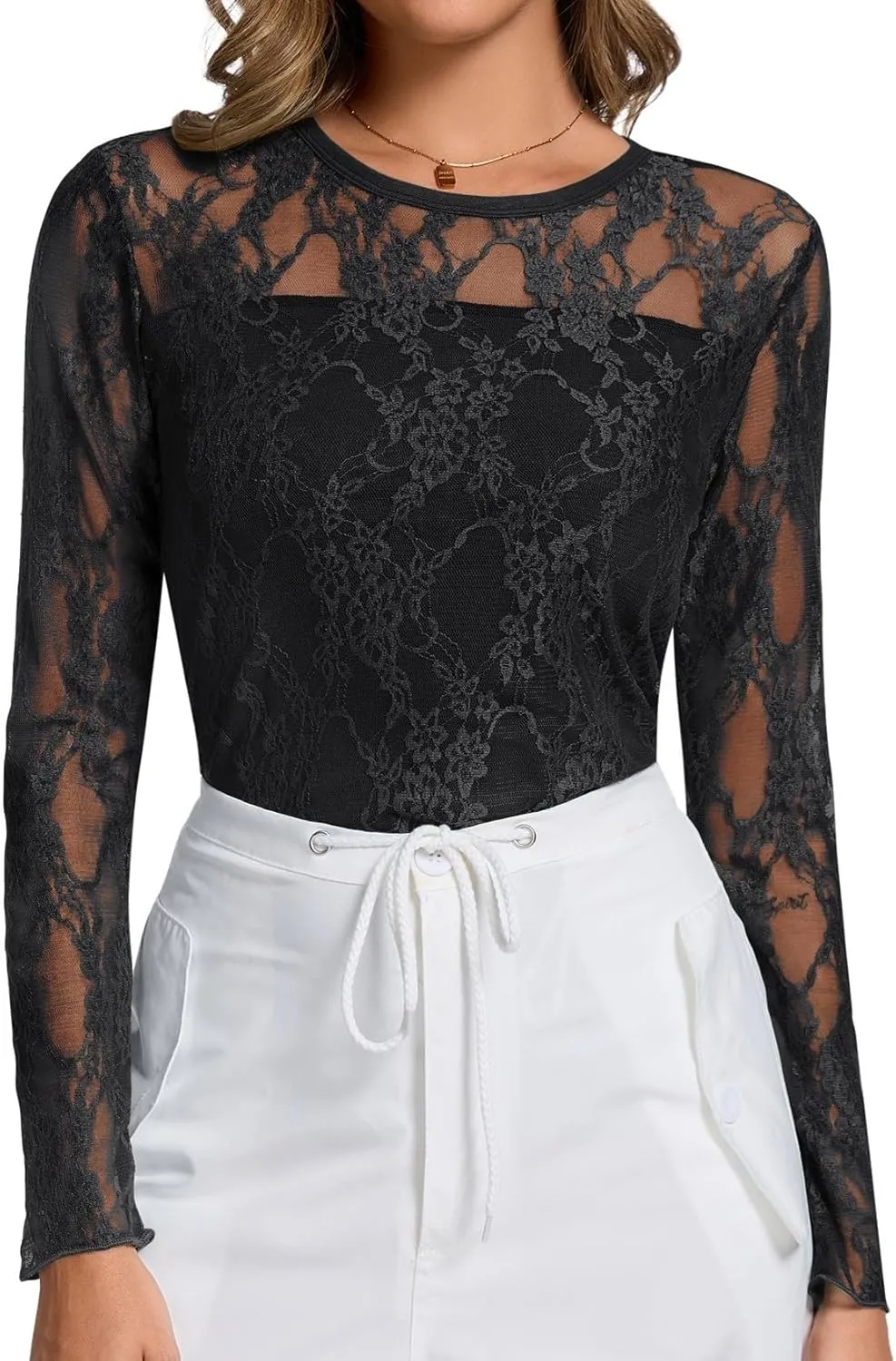 AKEWEI Womens Sexy Sheer Mesh Long Sleeve Tops Crew Neck Double Layered Tee Shirts Going Out Party Club Night Lace Blouse