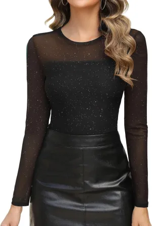 AKEWEI Womens Sexy Sheer Mesh Long Sleeve Tops Crew Neck Double Layered Tee Shirts Going Out Party Club Night Lace Blouse
