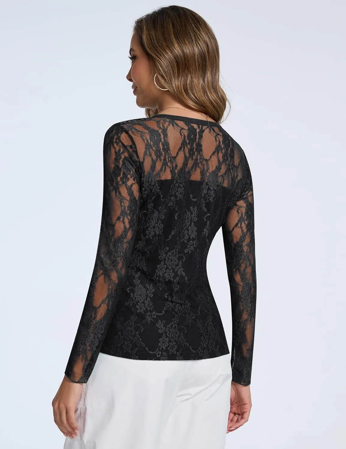 AKEWEI Womens Sexy Sheer Mesh Long Sleeve Tops Crew Neck Double Layered Tee Shirts Going Out Party Club Night Lace Blouse