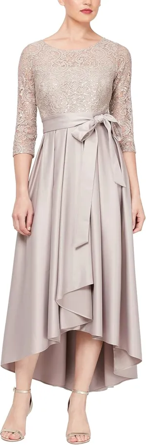 Alex Evenings Women's Satin Ballgown Formal Event Dress with Pockets and Tie Belt (Petite and Regular Sizes)