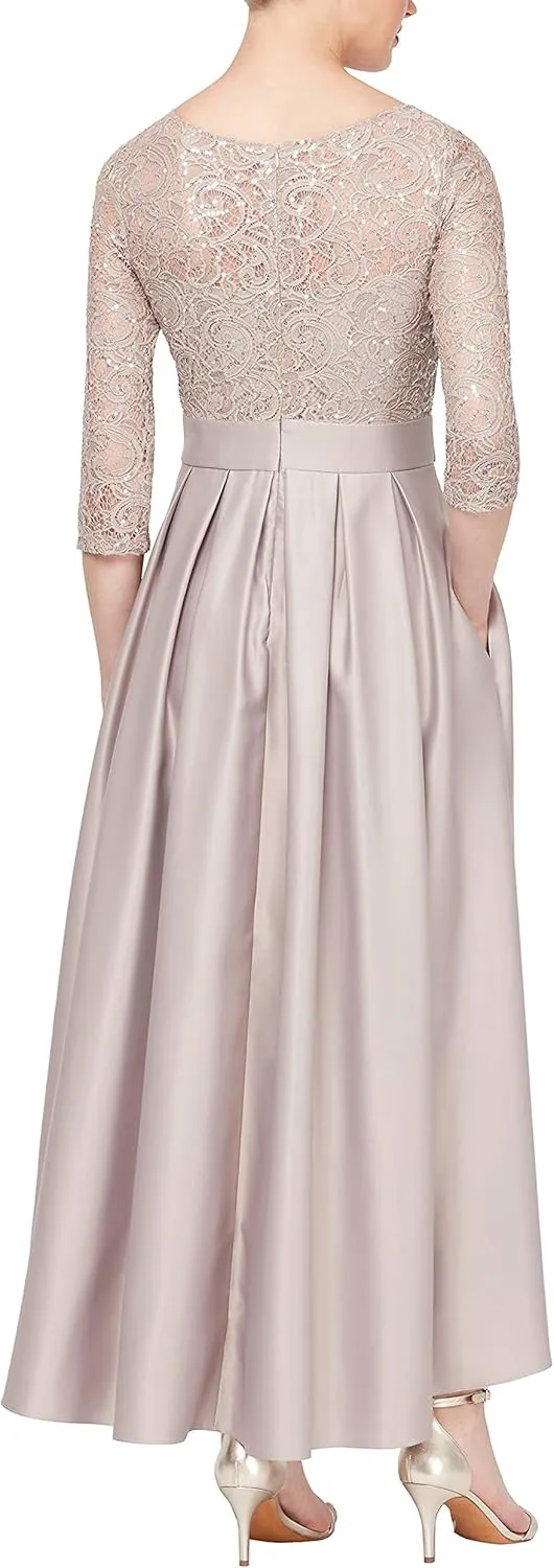 Alex Evenings Women's Satin Ballgown Formal Event Dress with Pockets and Tie Belt (Petite and Regular Sizes)