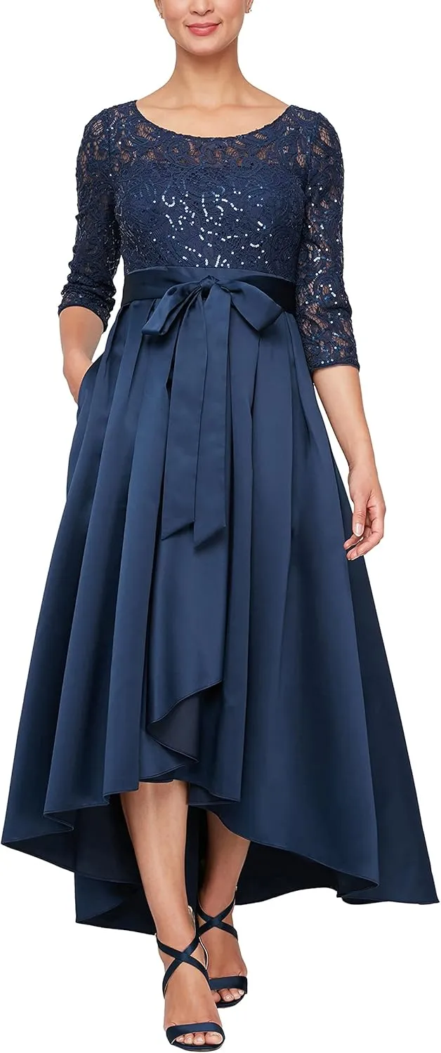 Alex Evenings Women's Satin Ballgown Formal Event Dress with Pockets and Tie Belt (Petite and Regular Sizes)