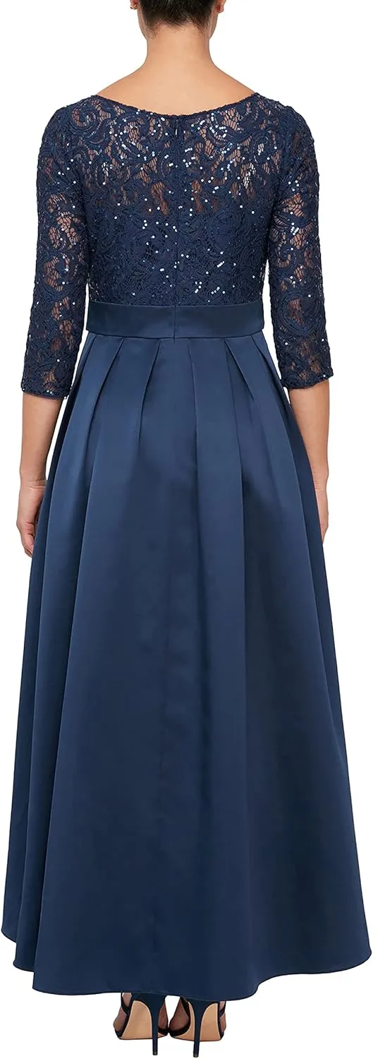 Alex Evenings Women's Satin Ballgown Formal Event Dress with Pockets and Tie Belt (Petite and Regular Sizes)