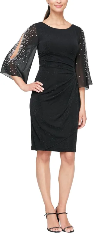 Alex Evenings Women's Short Sheath Metallic Cocktail Dress W/Embellished Sleeves & Cascade Ruffle (Petite and Regular Sizes)