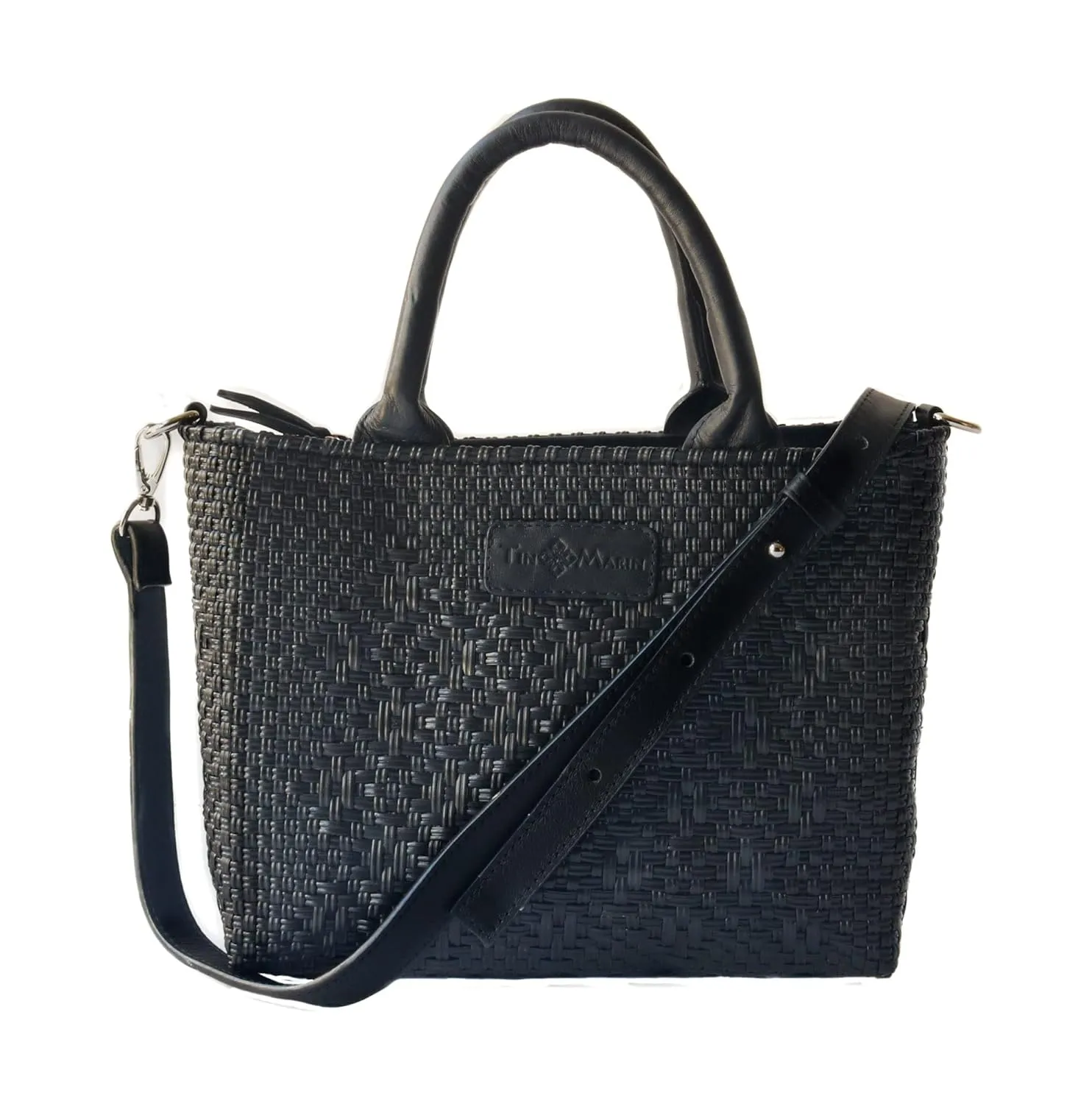 All Black Small Woven Crossbody Bag - Black Leather Handles, Crossbody Strap and Zipper Closure, Handwoven Plastic Bag, Oaxaca Mexican Recycled Plastic Woven Bag, Summer Bag, Small Crossbody Purse