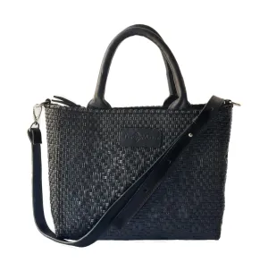 All Black Small Woven Crossbody Bag - Black Leather Handles, Crossbody Strap and Zipper Closure, Handwoven Plastic Bag, Oaxaca Mexican Recycled Plastic Woven Bag, Summer Bag, Small Crossbody Purse