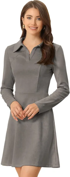 Allegra K Women's Faux Suede Dress V Neck Long Sleeve 2024 Fall Winter A-Line Mini Dress