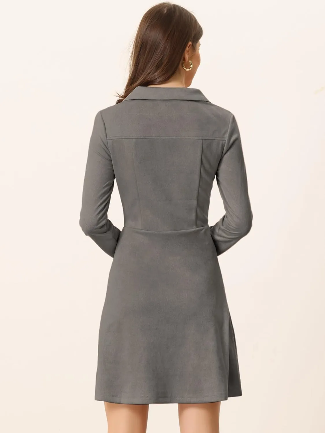 Allegra K Women's Faux Suede Dress V Neck Long Sleeve 2024 Fall Winter A-Line Mini Dress