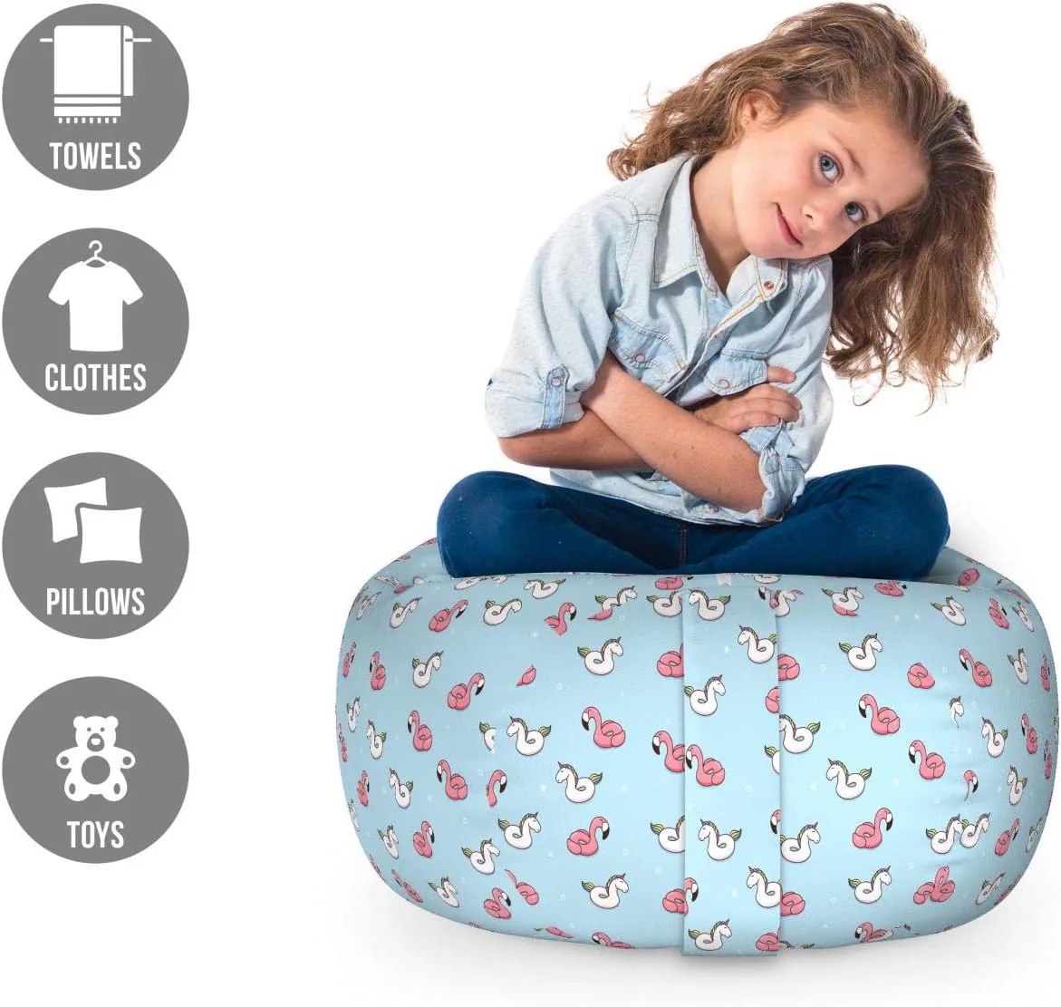 Ambesonne Pool Party Storage Toy Bag Chair, Inflatable Rubber Unicorn and Flamingo Cartoon Swimming Ring, Stuffed Animal Organizer Washable Bag, Small Size, Pale Blue White