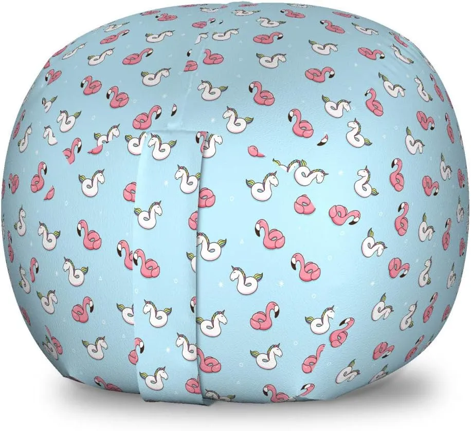 Ambesonne Pool Party Storage Toy Bag Chair, Inflatable Rubber Unicorn and Flamingo Cartoon Swimming Ring, Stuffed Animal Organizer Washable Bag, Small Size, Pale Blue White