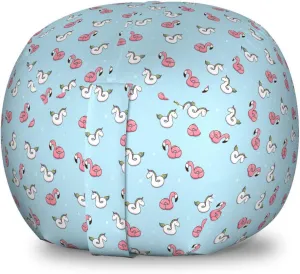 Ambesonne Pool Party Storage Toy Bag Chair, Inflatable Rubber Unicorn and Flamingo Cartoon Swimming Ring, Stuffed Animal Organizer Washable Bag, Small Size, Pale Blue White