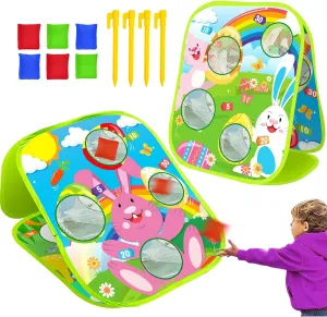 AMENON Carnival Bean Bag Toss Outdoor Games, Double Sided Bunny Eggs Cornhole Board, Easter Carnival Games for Kids Toddler Family Lawn Party Birthday Cornhole Toy with 6 Bean Bag & 4 Stake