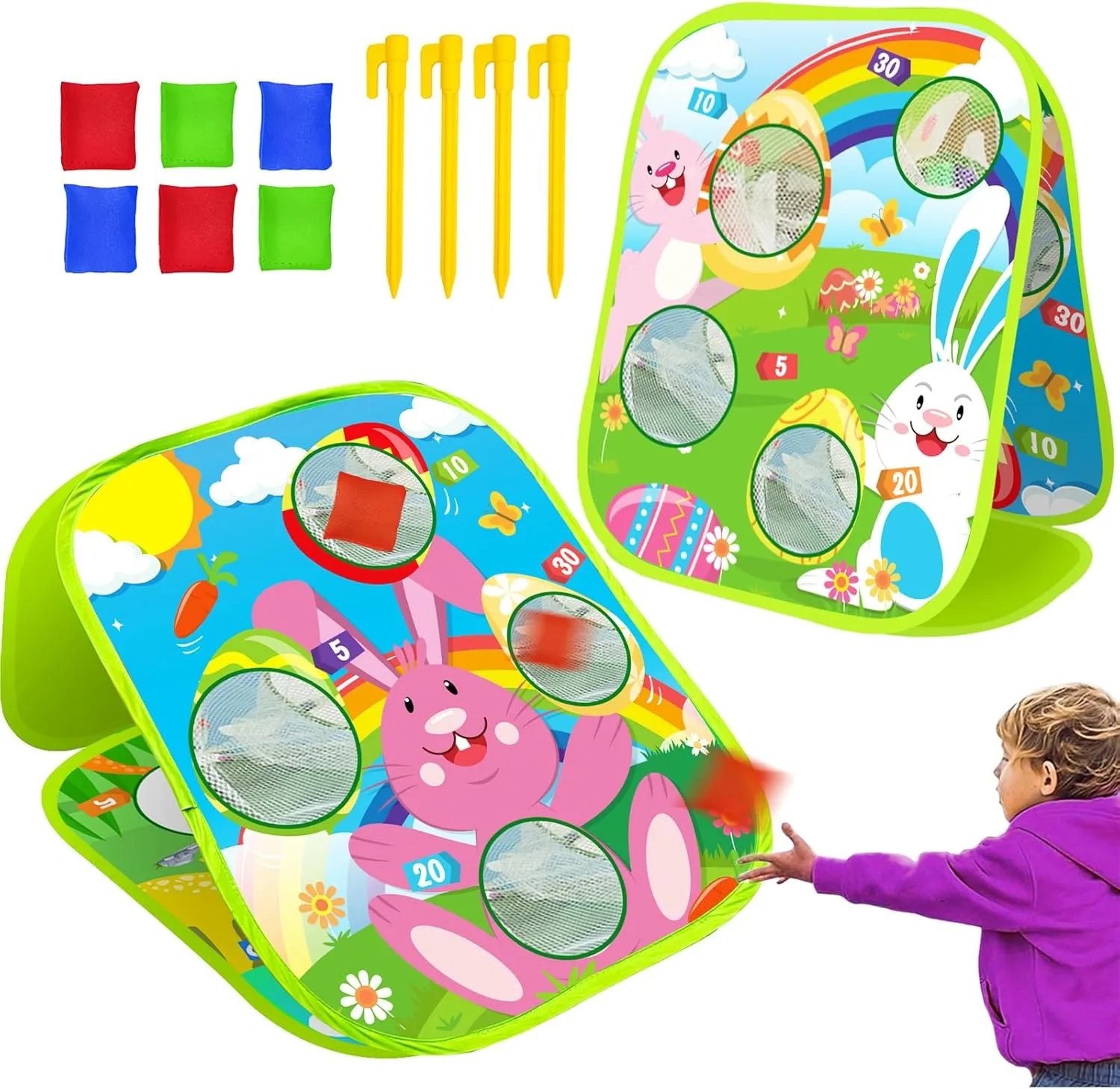 AMENON Carnival Bean Bag Toss Outdoor Games, Double Sided Bunny Eggs Cornhole Board, Easter Carnival Games for Kids Toddler Family Lawn Party Birthday Cornhole Toy with 6 Bean Bag & 4 Stake