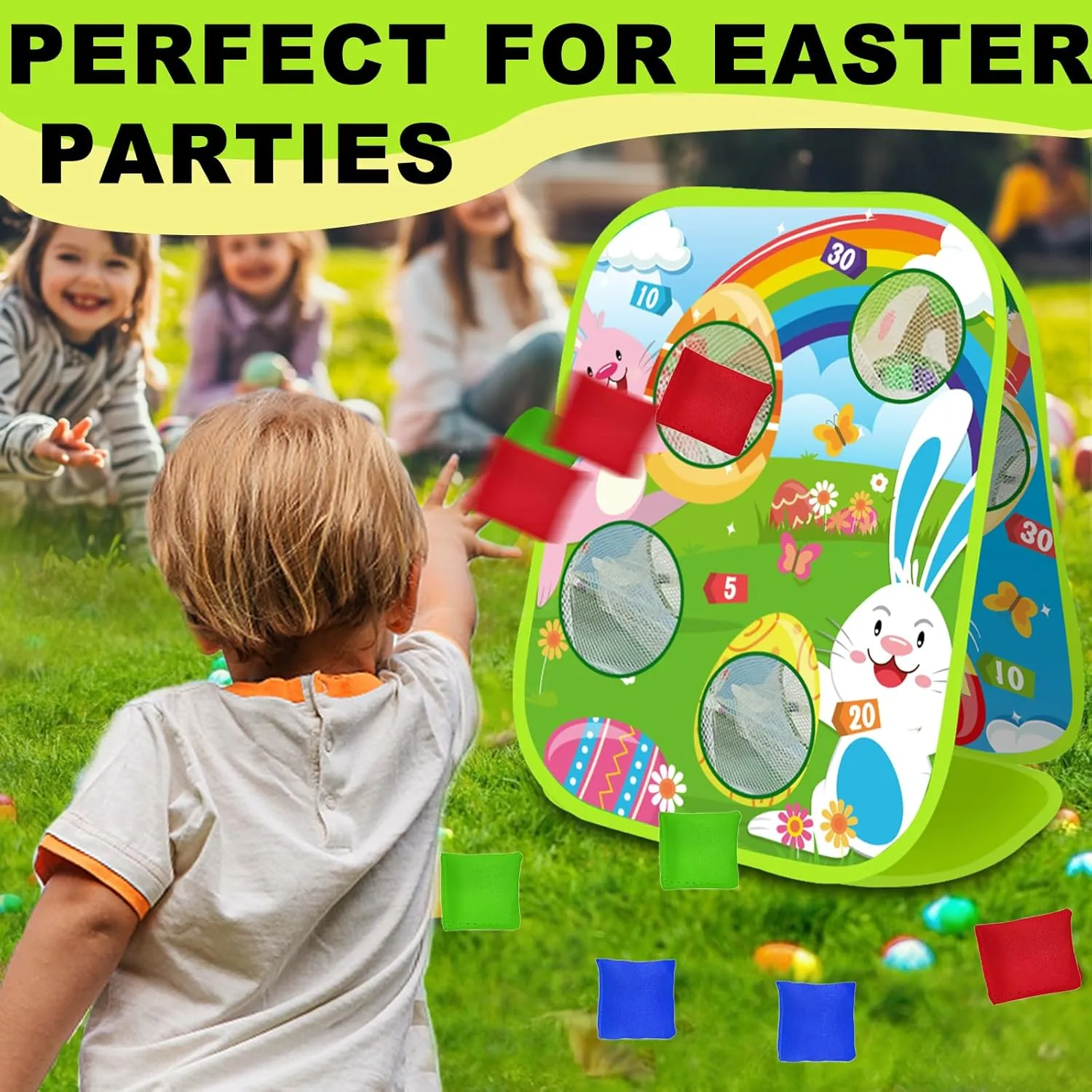 AMENON Carnival Bean Bag Toss Outdoor Games, Double Sided Bunny Eggs Cornhole Board, Easter Carnival Games for Kids Toddler Family Lawn Party Birthday Cornhole Toy with 6 Bean Bag & 4 Stake
