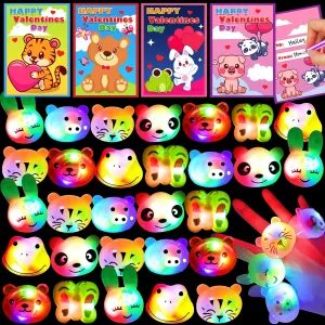 AMENON Valentines Day Gifts for Kids 28 Pack Valentines Cards with Prefilled 7 Shapes Led Light Up Rings Bulk Party Favors Toys for Kids Boys Girls Birthday Classroom Exchange Prizes Glow