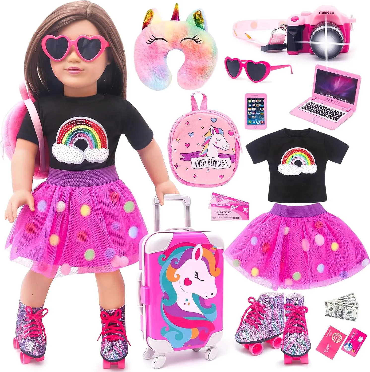American 18 Inch Doll Accessories Doll Travel Set Including Suitcase Luggage and Dress, Camera Computer Phone Neck Pillow Sunglasses Dolls Travel Gear Play Set Gift for Birthday (NO Doll)