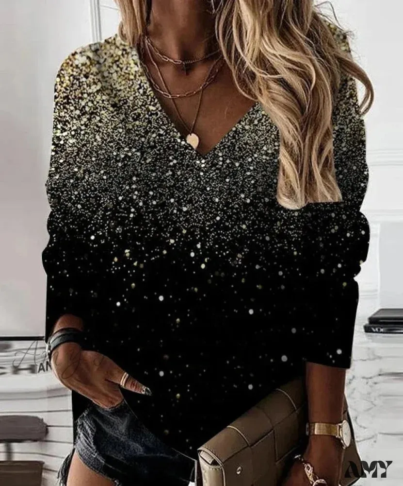 Amy Fashion - Loose V-neck Sequined Long Sleeve Pullover