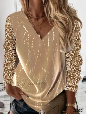 Amy Fashion - Loose V-neck Sequined Long Sleeve Pullover