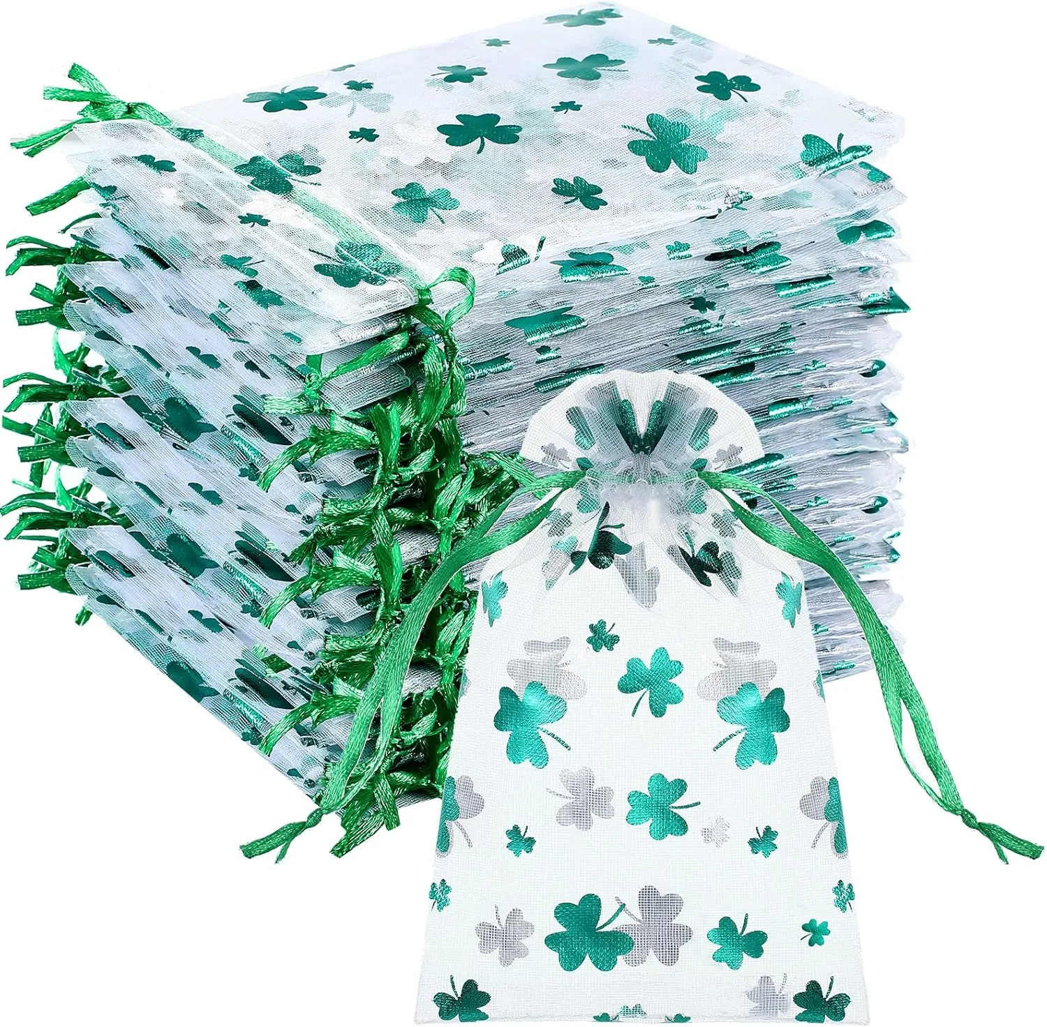 Amylove 100 Pcs St. Patrick's Day Organza Bags Shamrock Drawstring Pouches Small Jewelry Bags Irish Mesh Bags for Chocolate Candy Gold Coins Gifts Party Favor Supplies Bags(4 x 6 Inch)