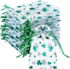 Amylove 100 Pcs St. Patrick's Day Organza Bags Shamrock Drawstring Pouches Small Jewelry Bags Irish Mesh Bags for Chocolate Candy Gold Coins Gifts Party Favor Supplies Bags(4 x 6 Inch)
