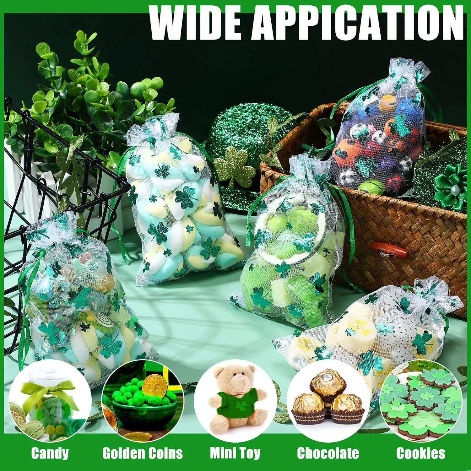 Amylove 100 Pcs St. Patrick's Day Organza Bags Shamrock Drawstring Pouches Small Jewelry Bags Irish Mesh Bags for Chocolate Candy Gold Coins Gifts Party Favor Supplies Bags(4 x 6 Inch)