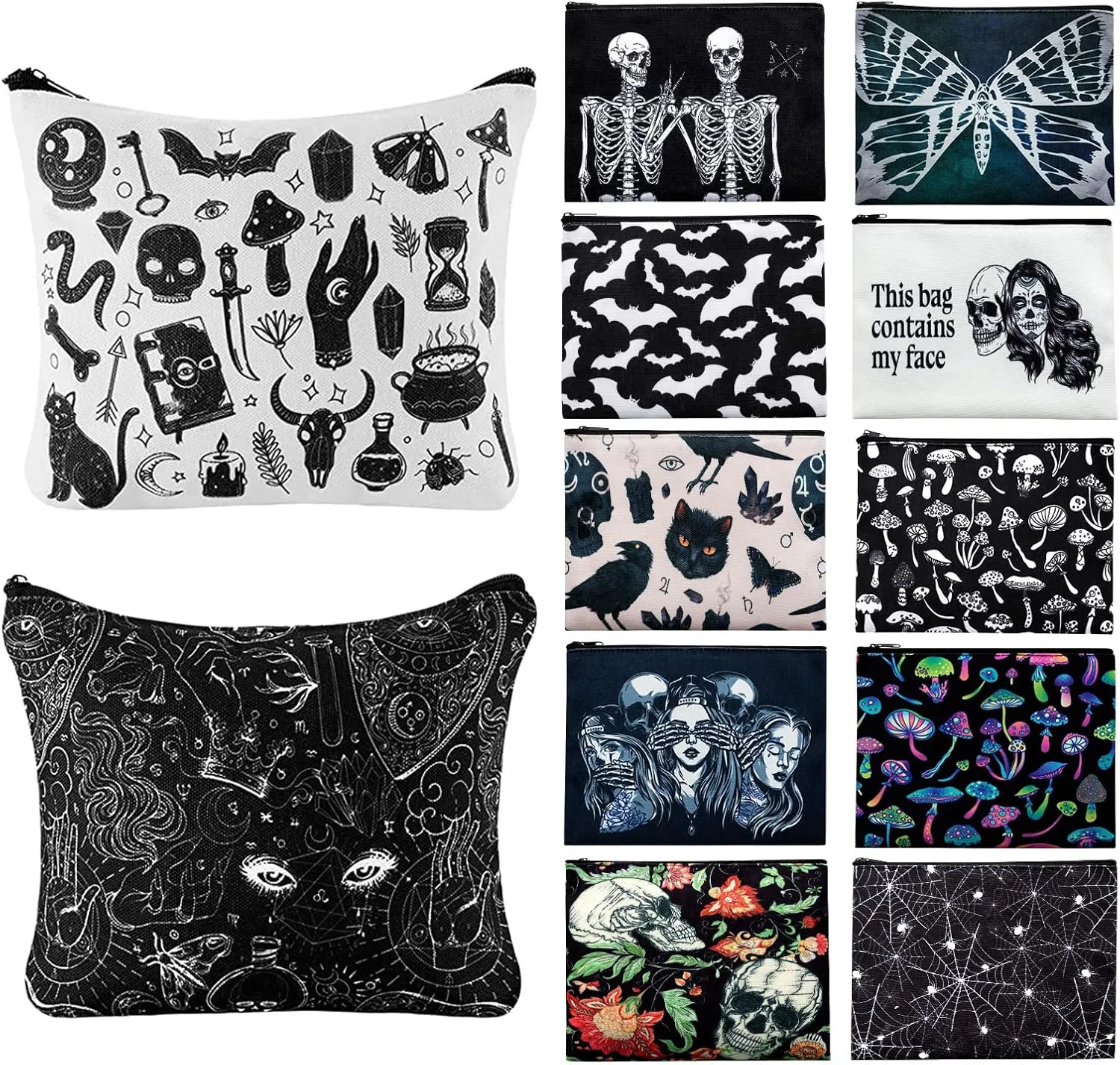 Amylove 12 Pieces Goth Makeup Bag Bat Skull Cosmetic Bags Gothic Purse Canvas Goth Gifts Gothic Zipper Travel Makeup Bag Organizer Travel Pouches for Women