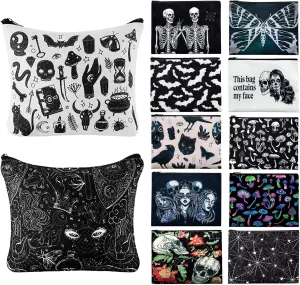 Amylove 12 Pieces Goth Makeup Bag Bat Skull Cosmetic Bags Gothic Purse Canvas Goth Gifts Gothic Zipper Travel Makeup Bag Organizer Travel Pouches for Women