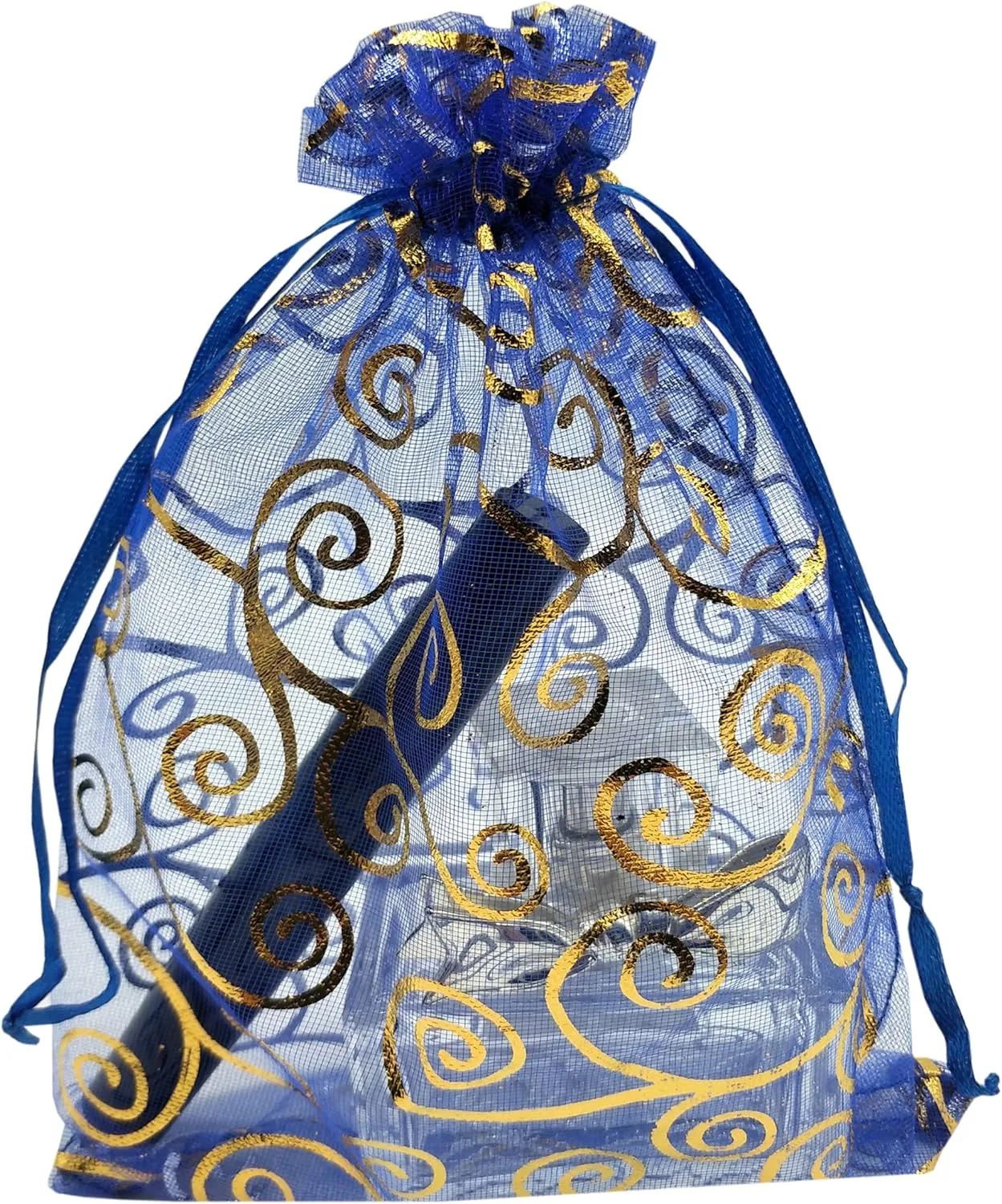 Ankirol 100pcs Sheer Organza Favor Bags 5x7'' For Wedding Gift Bags Samples Display Drawstring Pouches (blue-gold swirl)