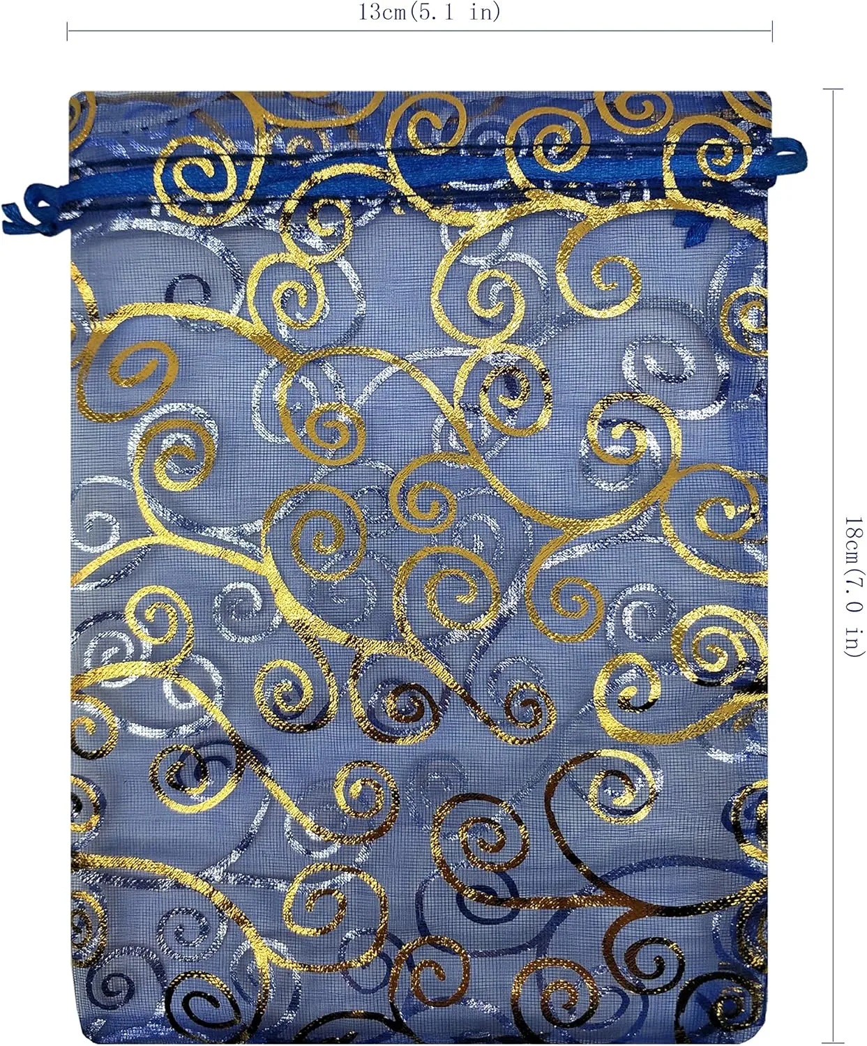 Ankirol 100pcs Sheer Organza Favor Bags 5x7'' For Wedding Gift Bags Samples Display Drawstring Pouches (blue-gold swirl)