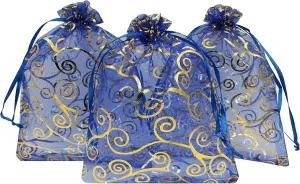 Ankirol 100pcs Sheer Organza Favor Bags 5x7'' For Wedding Gift Bags Samples Display Drawstring Pouches (blue-gold swirl)