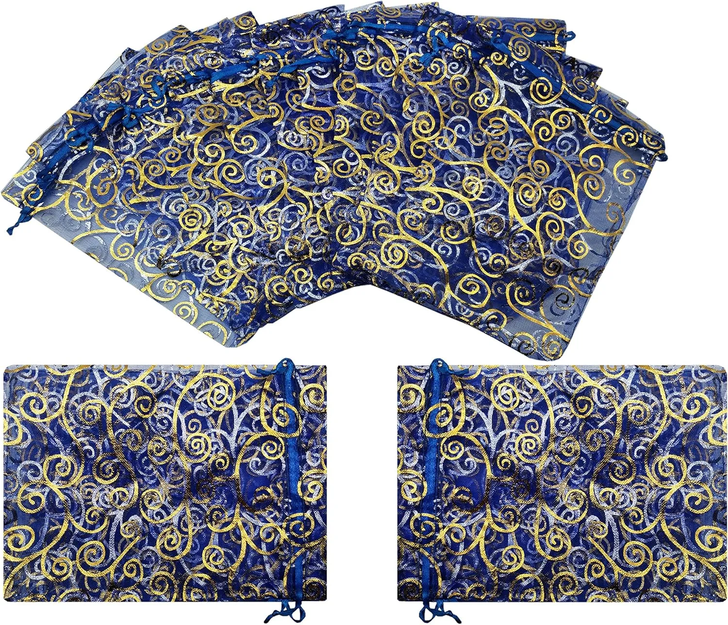 Ankirol 100pcs Sheer Organza Favor Bags 5x7'' For Wedding Gift Bags Samples Display Drawstring Pouches (blue-gold swirl)