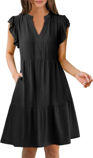 ANRABESS Womens Summer Casual Mini Dress Ruffle Sleeve V Neck Sundress 2025 Fashion Flowy Tiered Boho Beach Vacation Dresses