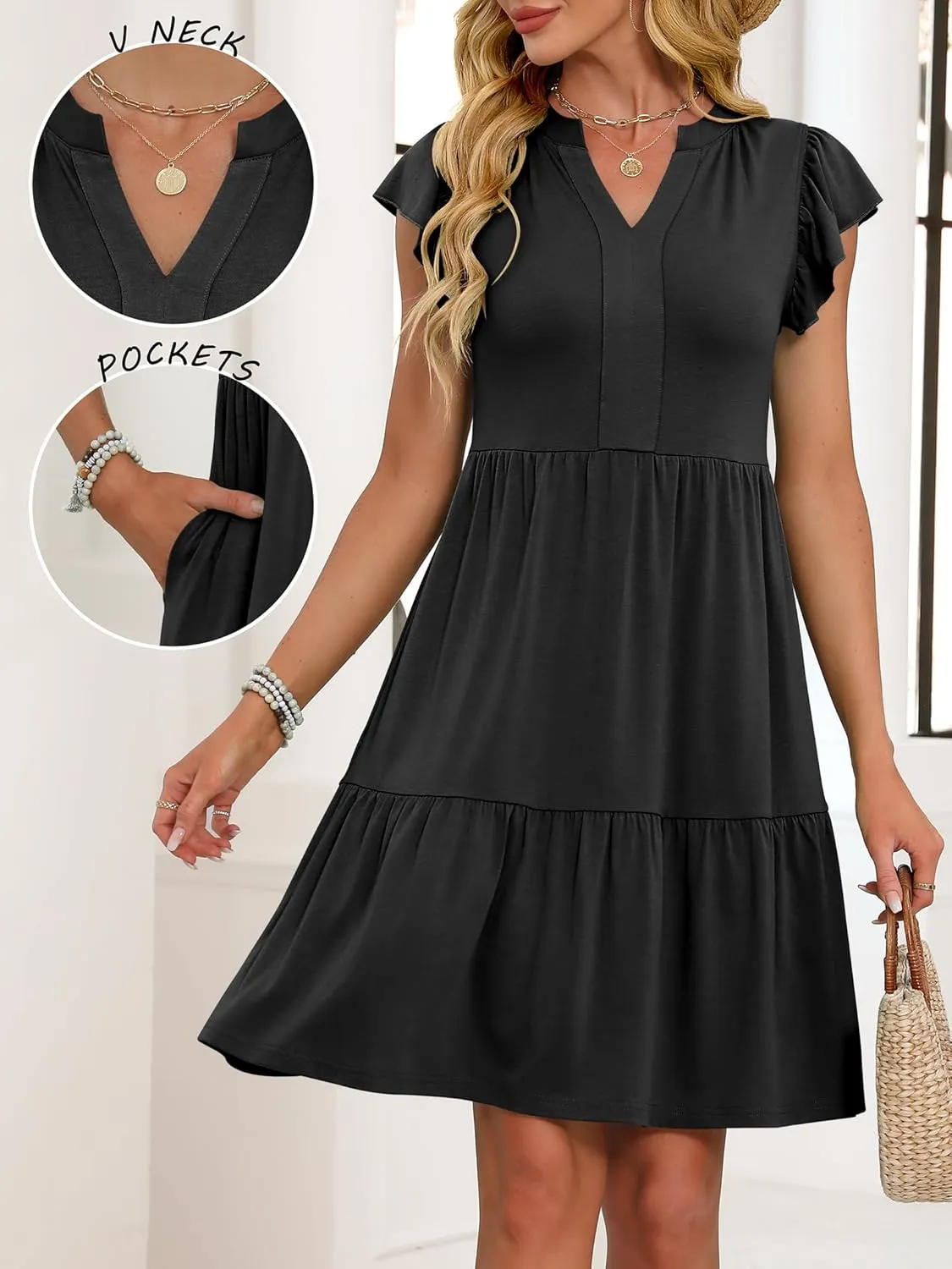 ANRABESS Womens Summer Casual Mini Dress Ruffle Sleeve V Neck Sundress 2025 Fashion Flowy Tiered Boho Beach Vacation Dresses