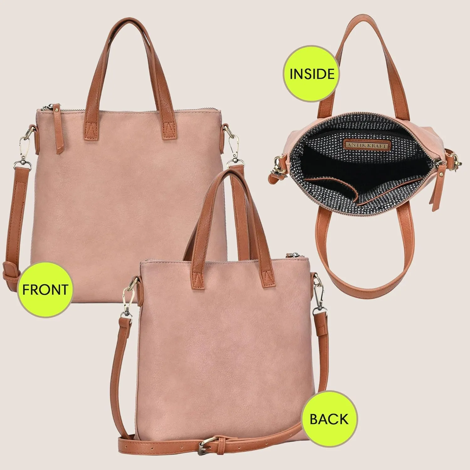 Antik Kraft Bree Crossbody | Vegan Leather Handbag with Crossbody strap for Women | Easy Grasp Top Handles |