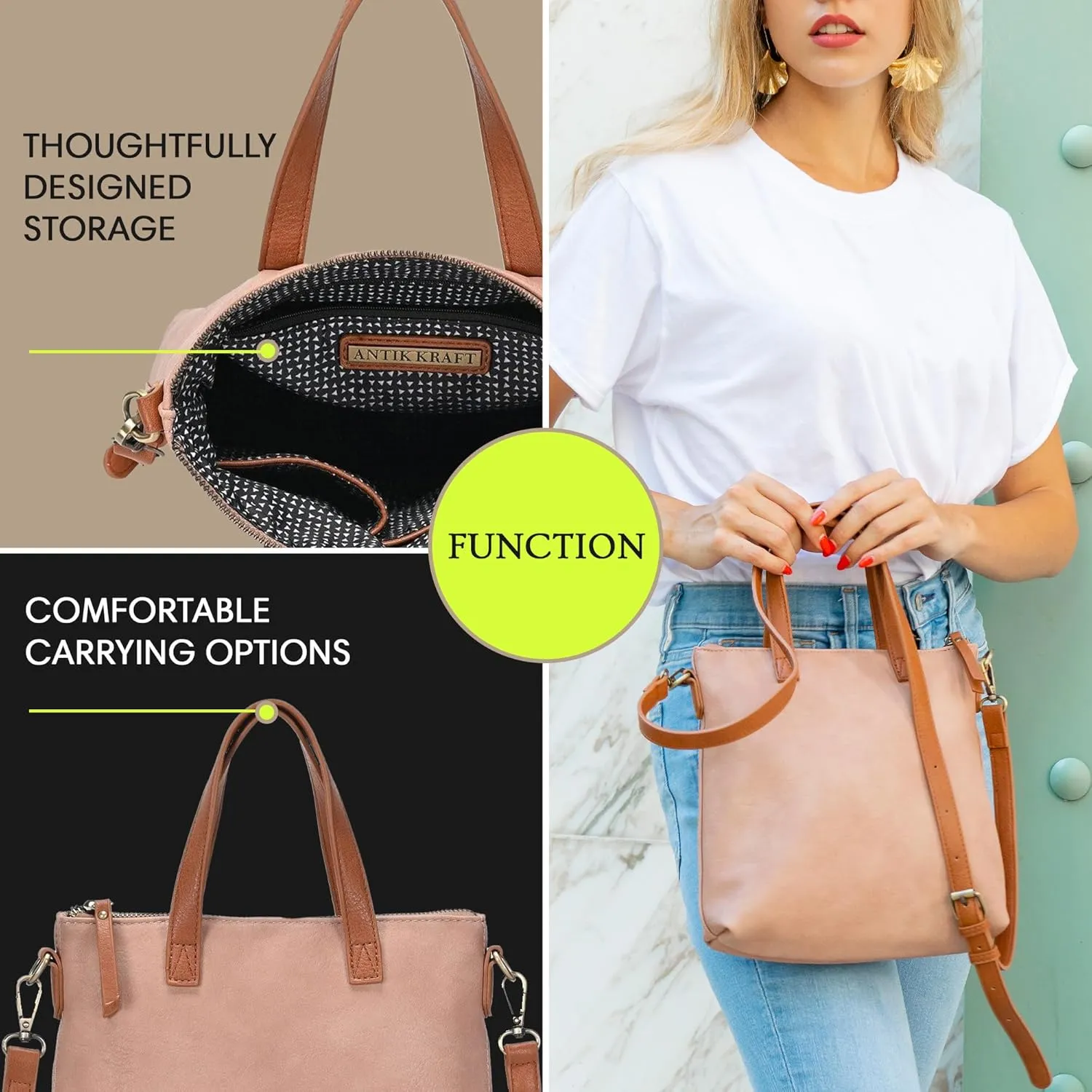 Antik Kraft Bree Crossbody | Vegan Leather Handbag with Crossbody strap for Women | Easy Grasp Top Handles |