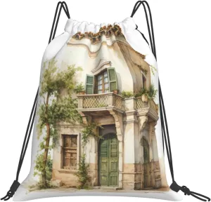 Antique Building with Roman Olive Branch and Greek print casual drawstring backpack Sports Gym Beach for for Hiking Travel Outdoor Sport Bag