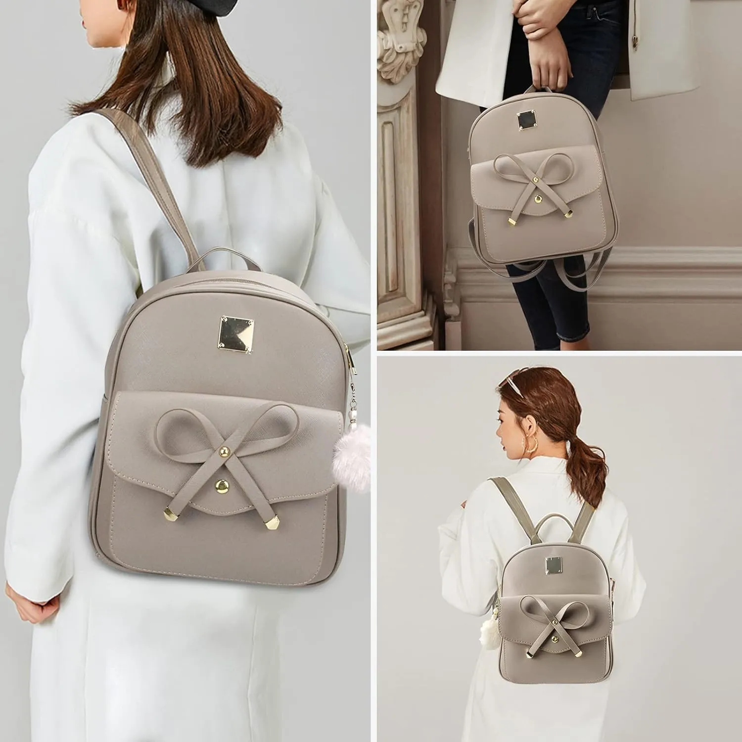 Aogist Mini Leather Backpack Purse 3-Pieces Fashion Bowknot Zipper Bags Cute Casual Travel Daypacks for and Women
