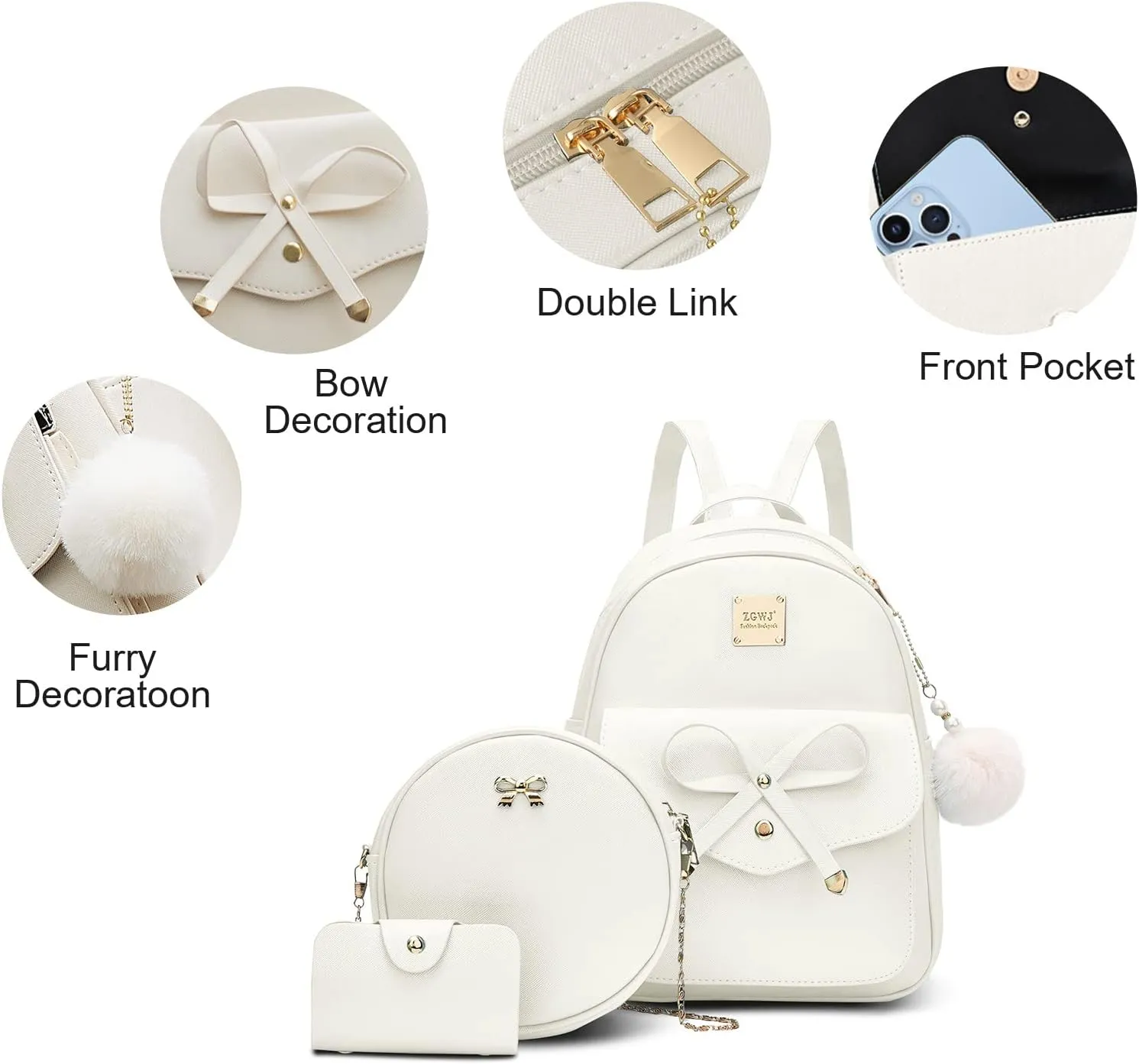 Aogist Mini Leather Backpack Purse 3-Pieces Fashion Bowknot Zipper Bags Cute Casual Travel Daypacks for and Women