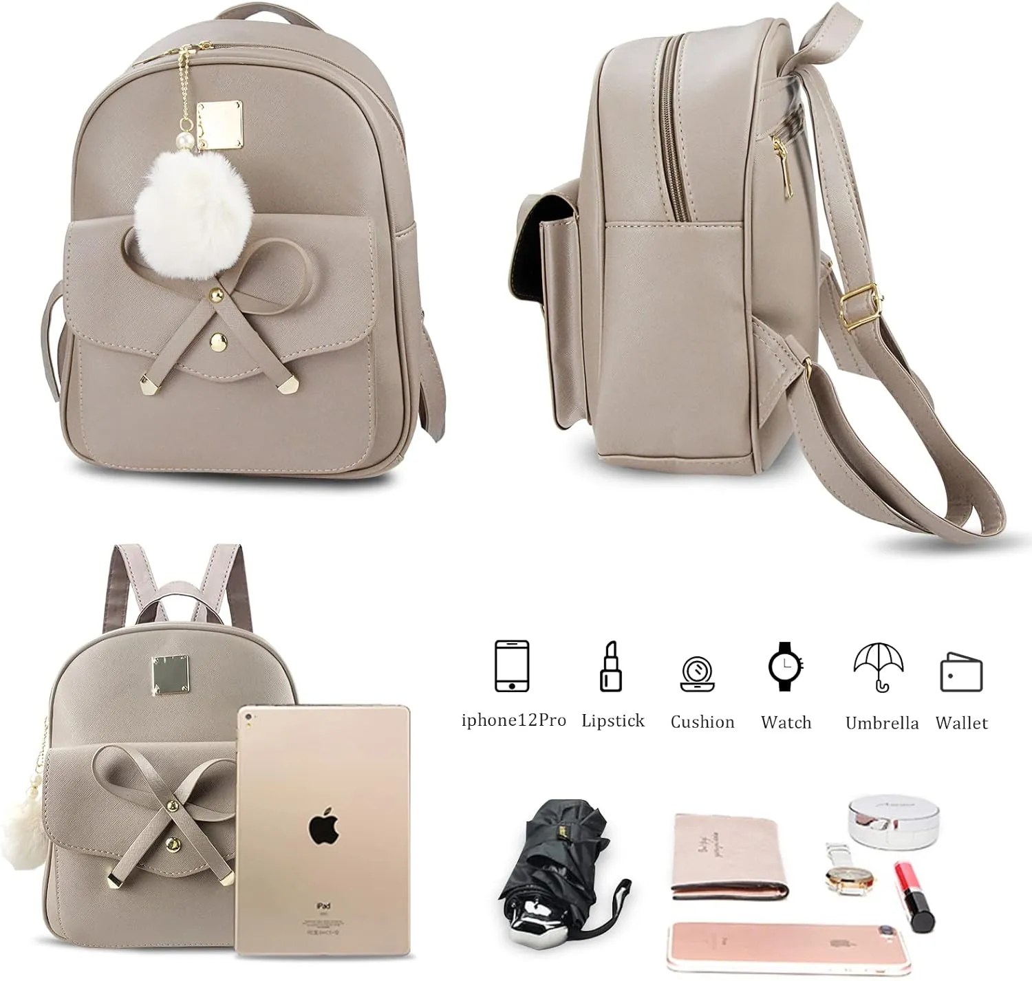 Aogist Mini Leather Backpack Purse 3-Pieces Fashion Bowknot Zipper Bags Cute Casual Travel Daypacks for and Women