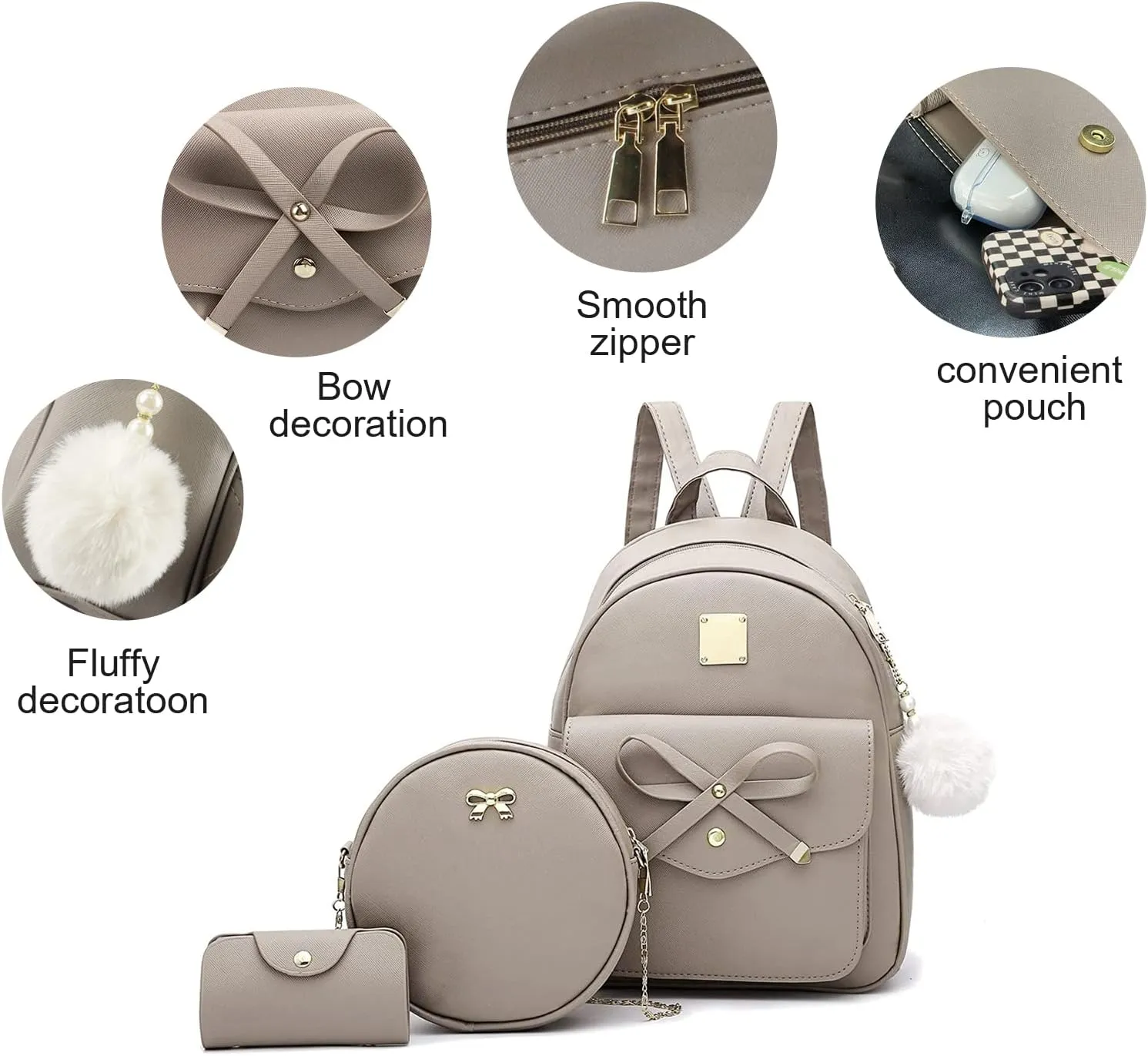 Aogist Mini Leather Backpack Purse 3-Pieces Fashion Bowknot Zipper Bags Cute Casual Travel Daypacks for and Women