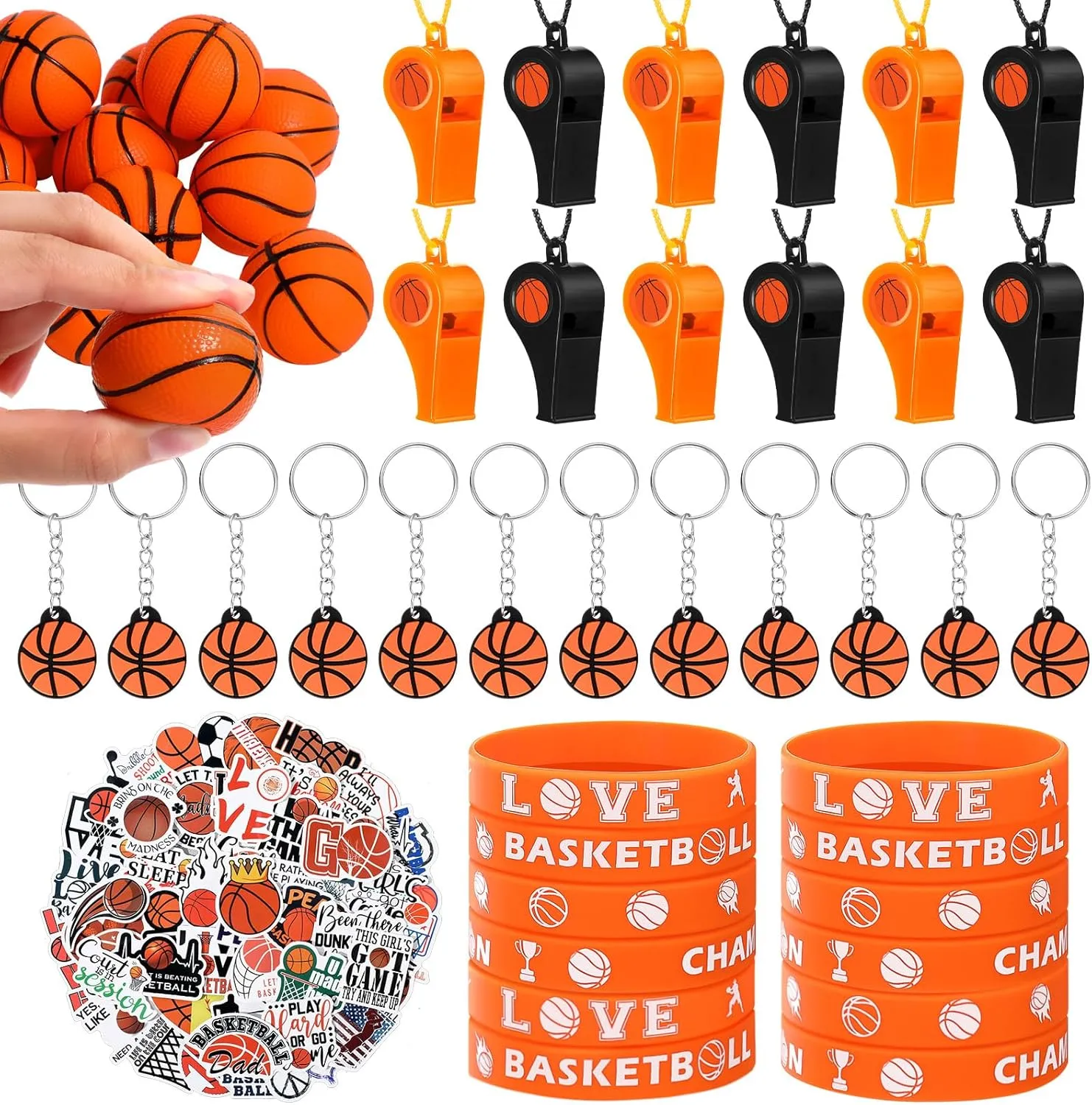 Aoriher 108 Pcs Basketball Party Favors Set Basketball Party Themed Goodie Bag Fillers Mini Basketball Balls Whistle Silicone Bracelet Tattoo Sticker Temporary Keychain for Sport Party Supplies