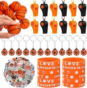 Aoriher 108 Pcs Basketball Party Favors Set Basketball Party Themed Goodie Bag Fillers Mini Basketball Balls Whistle Silicone Bracelet Tattoo Sticker Temporary Keychain for Sport Party Supplies